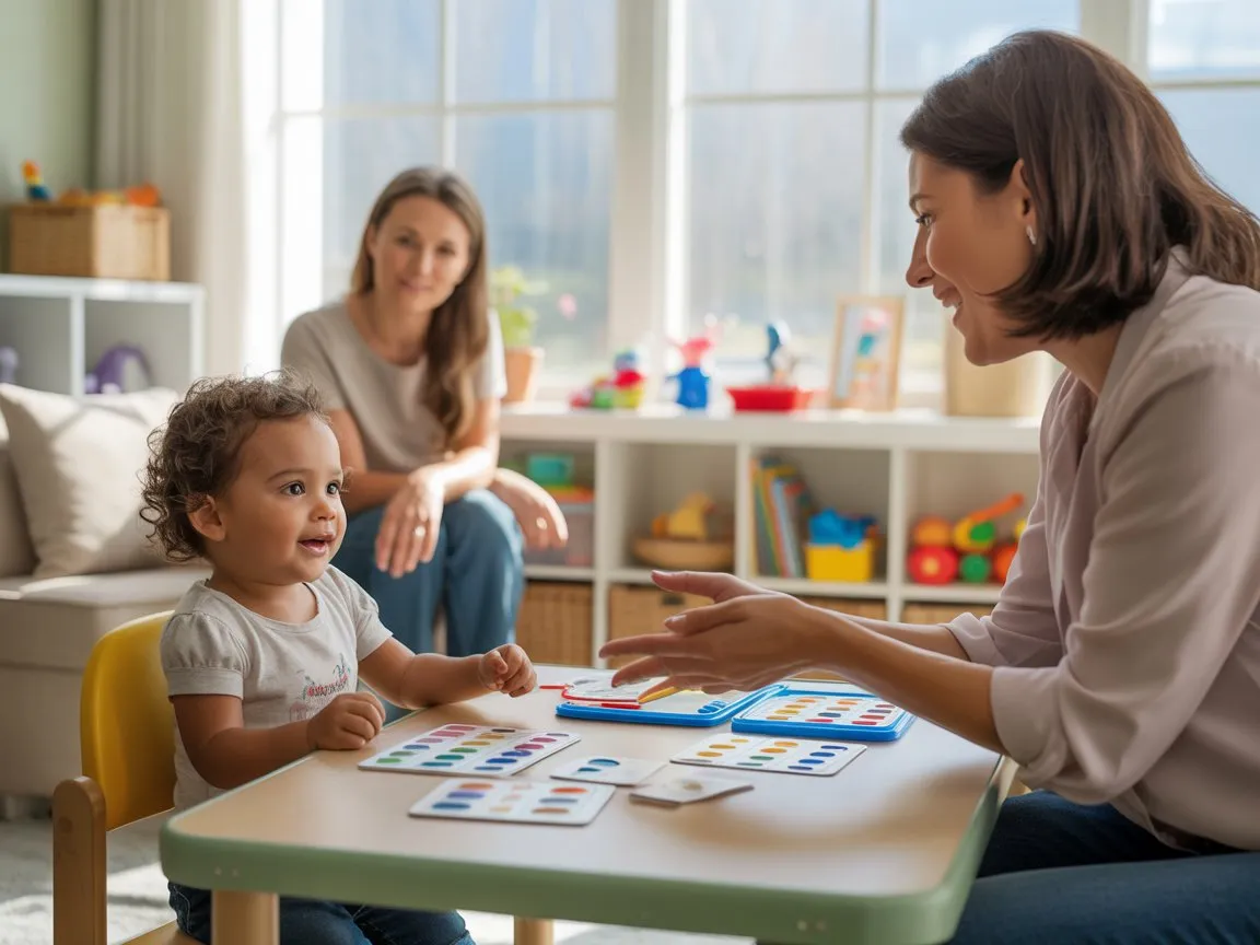 Child meeting with a friendly therapist and parent, receiving guidance on referrals to educational providers and evaluators in a classroom setting.