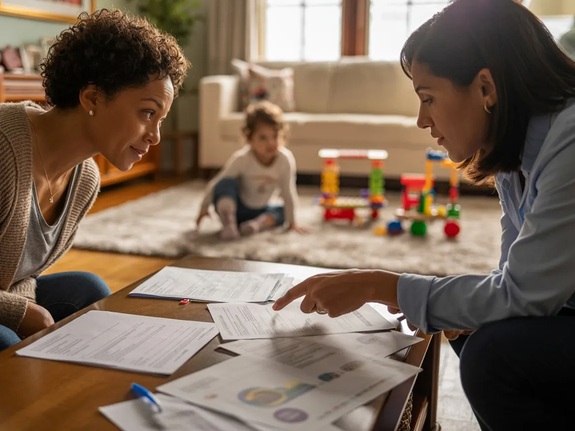 Collaborative IEP and 504 meeting with parent, teacher, and advocate discussing a student’s education plan in a school conference room.