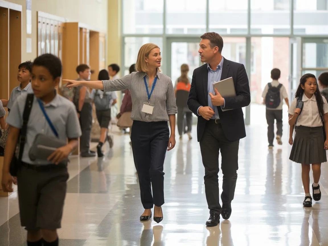 Educational consultant walking through a school hallway, discussing with a principal while students are visible in the background, representing school and district consulting services.