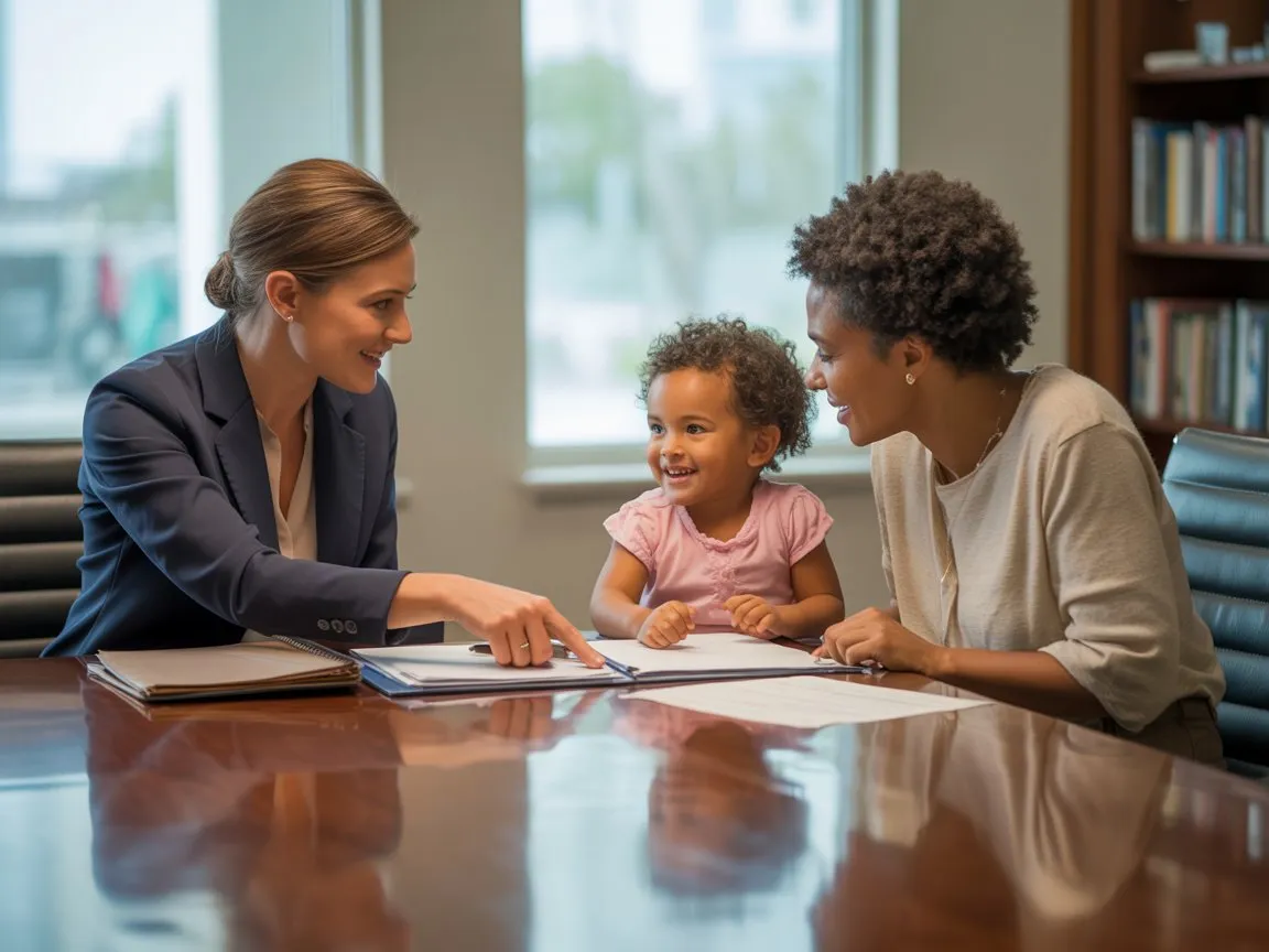 Lawyer reviewing school funding documents with a parent, providing guidance on special education funding claims in a supportive office environment.
