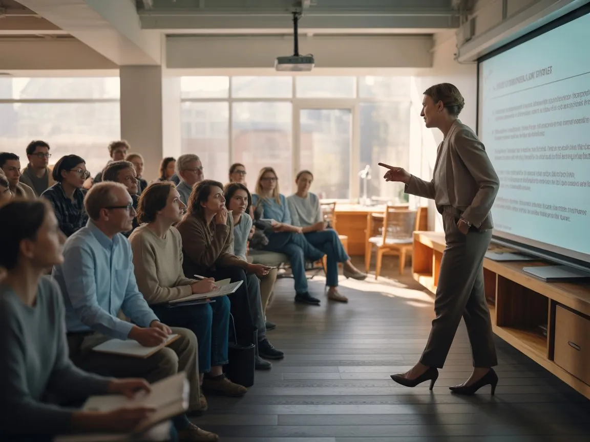 Attorney presenting a workshop to parents and teachers, providing guidance on special education rights and resources in a welcoming community setting.